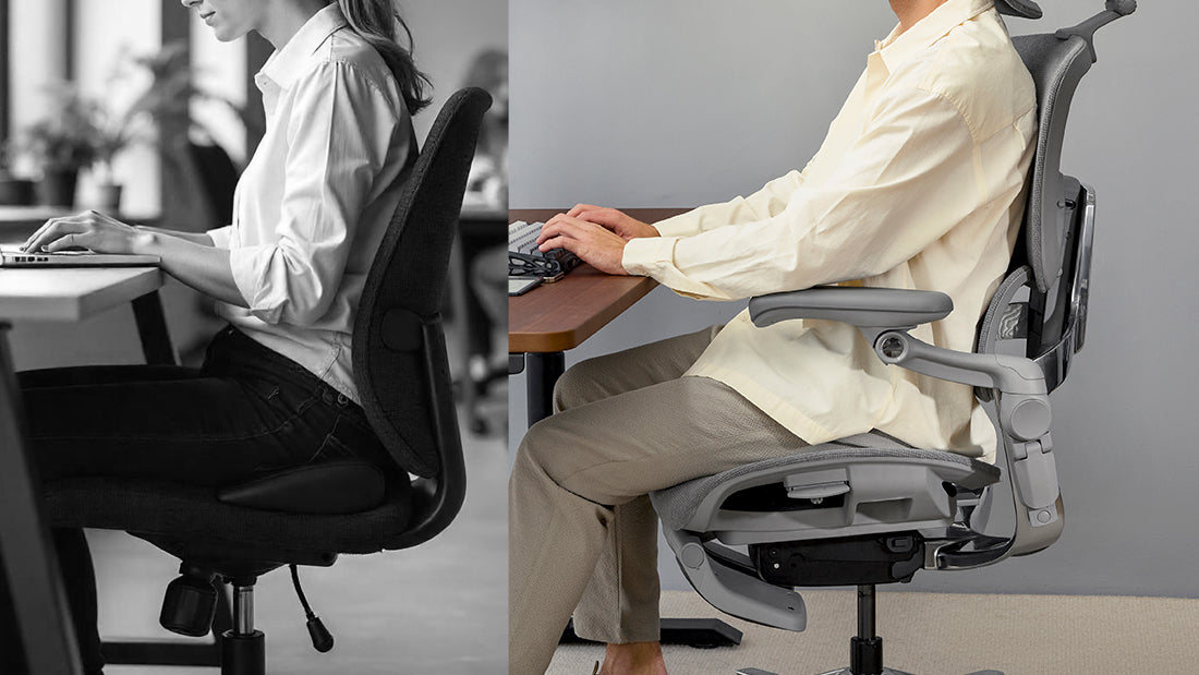 Side-by-side comparison of a person in a black office chair and a person in a grey ergonomic chair.