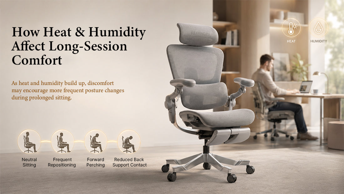 Infographic titled How Heat and Humidity Affect Long-Session Comfort, featuring a grey mesh Hinomi ergonomic chair