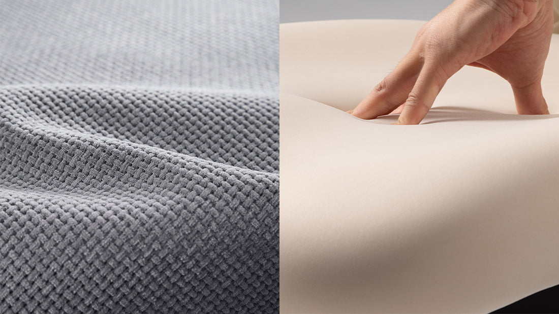 Close-up of grey chair mesh fabric next to a hand pressing into a foam seat cushion