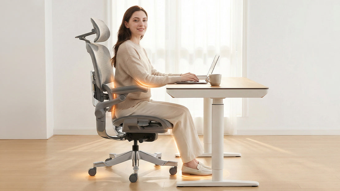 Woman working at a laptop in a light grey ergonomic chair at a white desk, with glowing highlights on her back, hips and feet